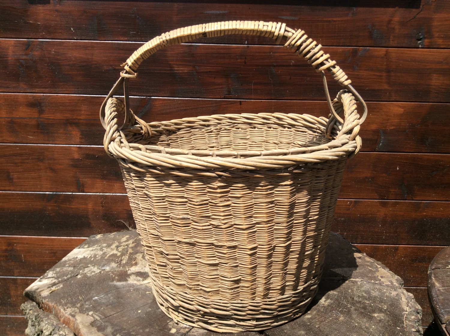Vintage French farmer apple fruit picking harvesting wicker wood basket circa 1950s / English