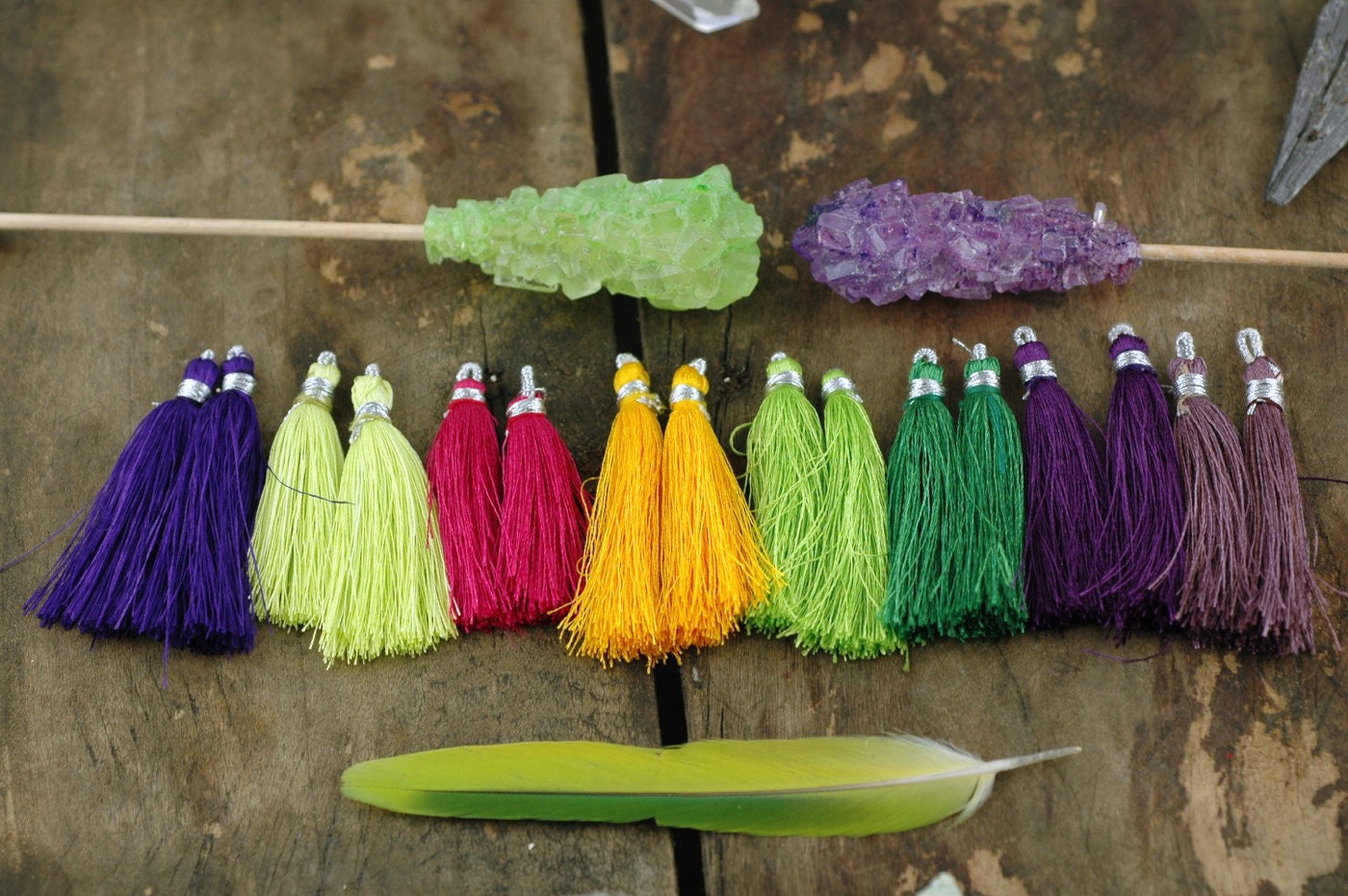 Plums & Citrus Mix / Silk Tassels from India / Purple Green