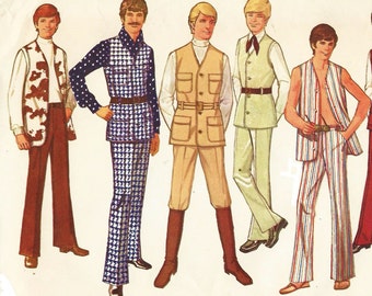 1970s Mens Lined Vest and Bell Bottom Pants Simplicity Sewing Pattern 9087 Size 40 Chest 40 UnCut Vintage 1970s Sewing Patterns