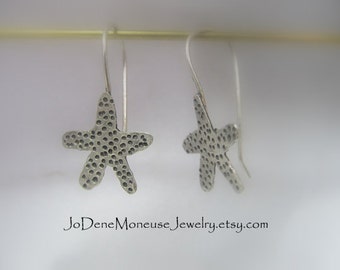 Starfish earrings - unique hand fabricated sterling silver starfish, artisan hand drawn,hand cut,hand textured metalwork, metalsmith jewelry