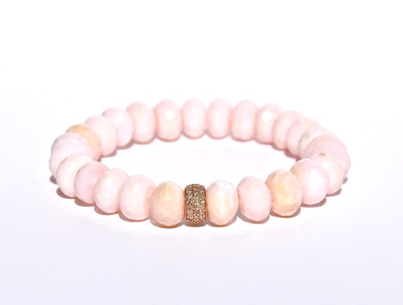 14k Rose Gold White Pave Diamond Pink Opal Stretch Bracelet