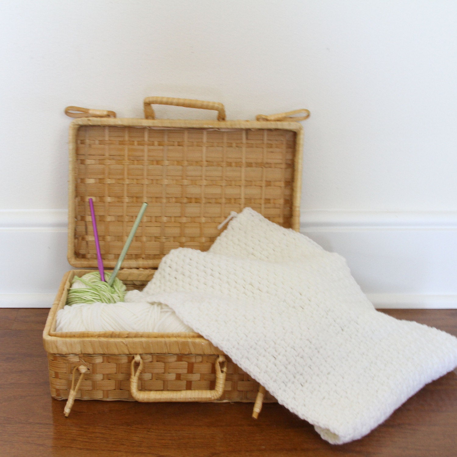 Small Woven Wicker Suitcase Style Basket Sewing Basket Picnic Basket