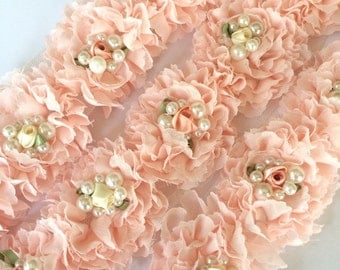 Blush Fancy Shabby Rose Trim with rossette & pearls 2.5" Shabby chiffon Flowers applique Wholesale Rosette trim 6cm- light ballerina pink
