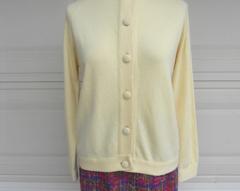 Vintage 50s Cashmere Sweater . YELLOW Pin Up Cardigan by Hadley . Size 40 Medium Large