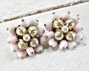 Vintage Pink Glass Bead Earrings, Caged Pearl Earrings, Clip-On Cluster Earrings, Bridal Earrings, 1950s Costume Jewelry, Something Old