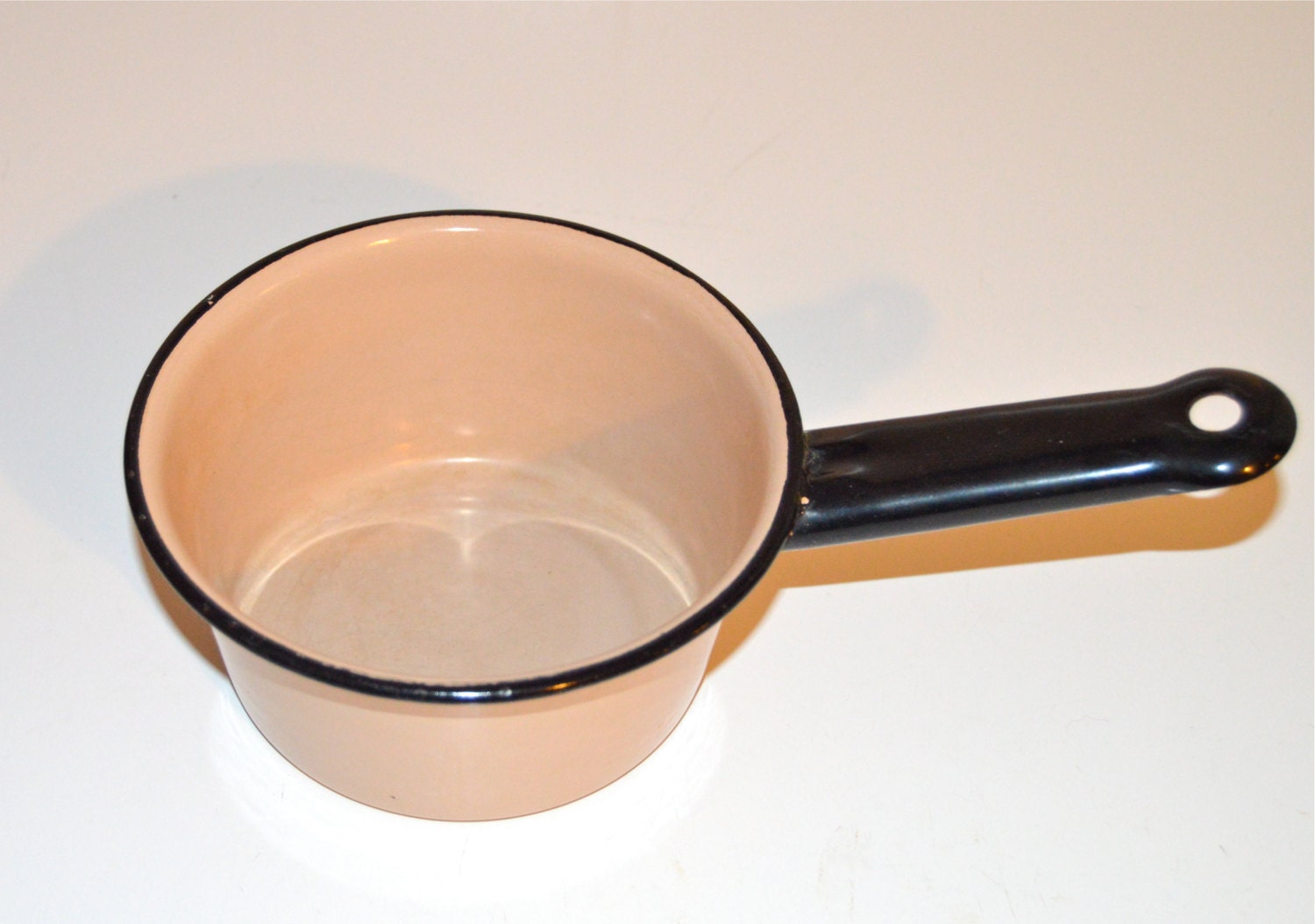Tan Enamel Pot Sauce Pan Black Rim and Handle Vintage by WVpickin