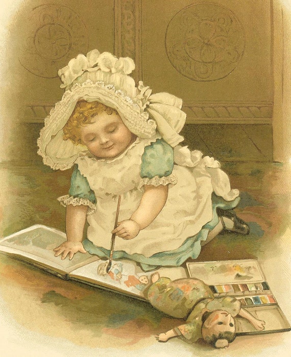 Raphael Tuck Victorian 1895 Antique Childrens Print Young Girl Kneeling Painting Paintbox Chinese Doll Vintage Book Plate Book Illustration