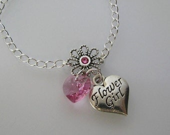 Flower Girl Bracelet-Pink Flower Girl Bracelet-Flower Girl-Rose Flower Girl Bracelet-Bridal Party Jewelry-Custom Flower Girl Charm Braclet