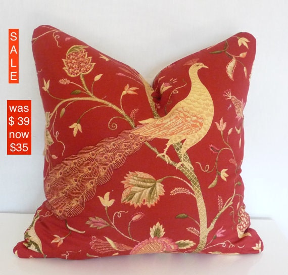 Red floral pillow Bird pillow cover Peacock pillow Bird by Tanche