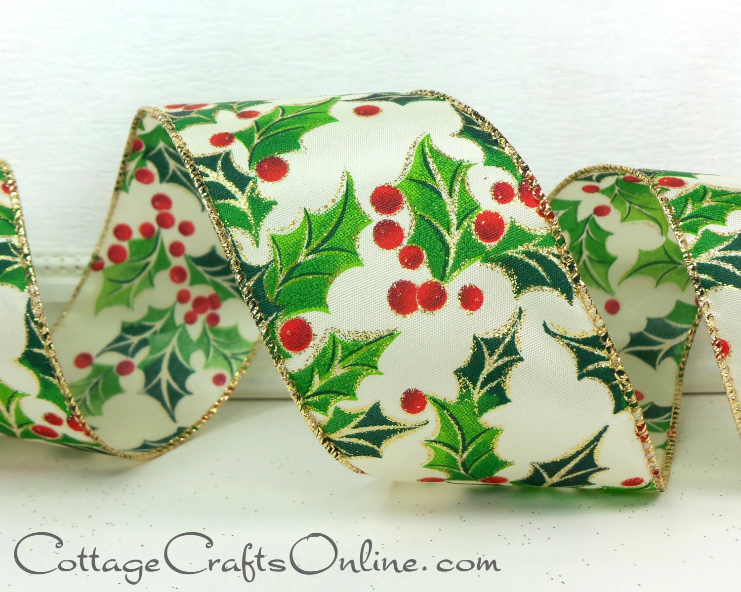 Christmas Wired Ribbon 2 1/2 Red Holly Berries Gold Christmas Wired Ribbon