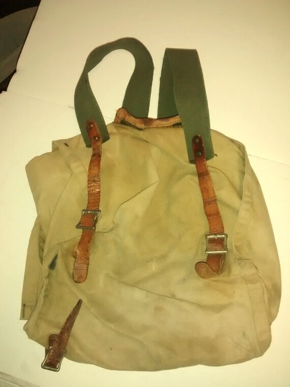 Vintage 1940's Khaki Backpack Leather straps Canvas