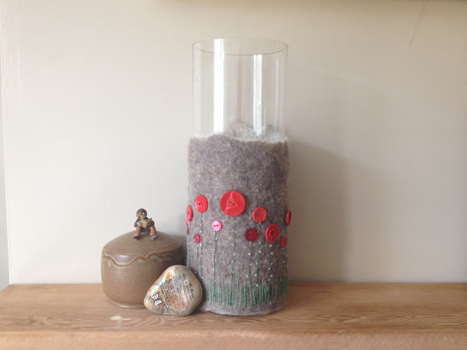 Red poppy felted vase handmade wet felted vase cover with