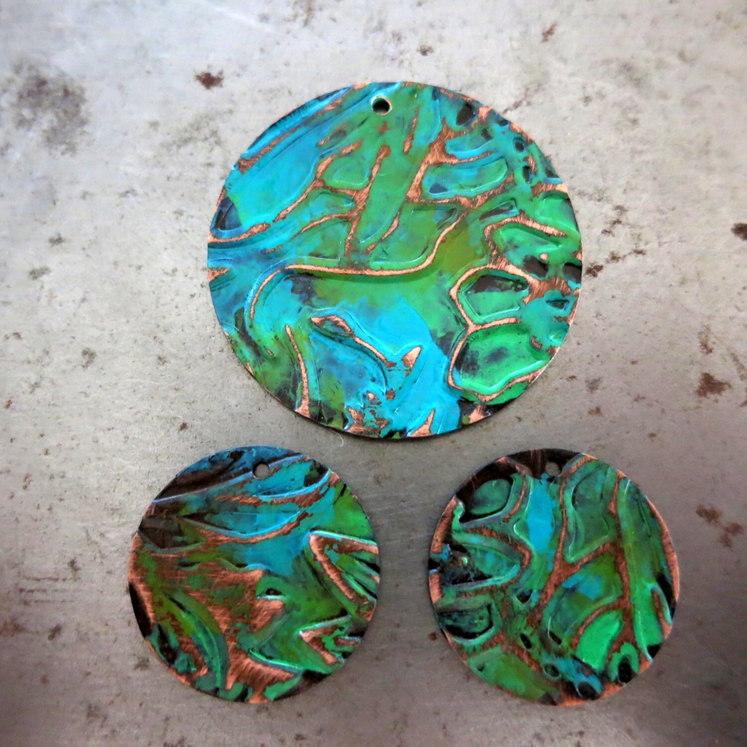 Embossed Copper Pendant & Earring Charms River Run Patina 1