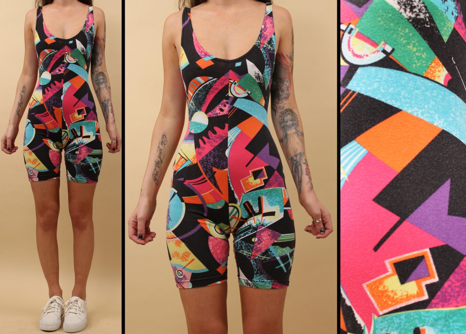 80s 90s Vtg Neon GRAPHIC Bodysuit Leotard Playsuit / Abstract