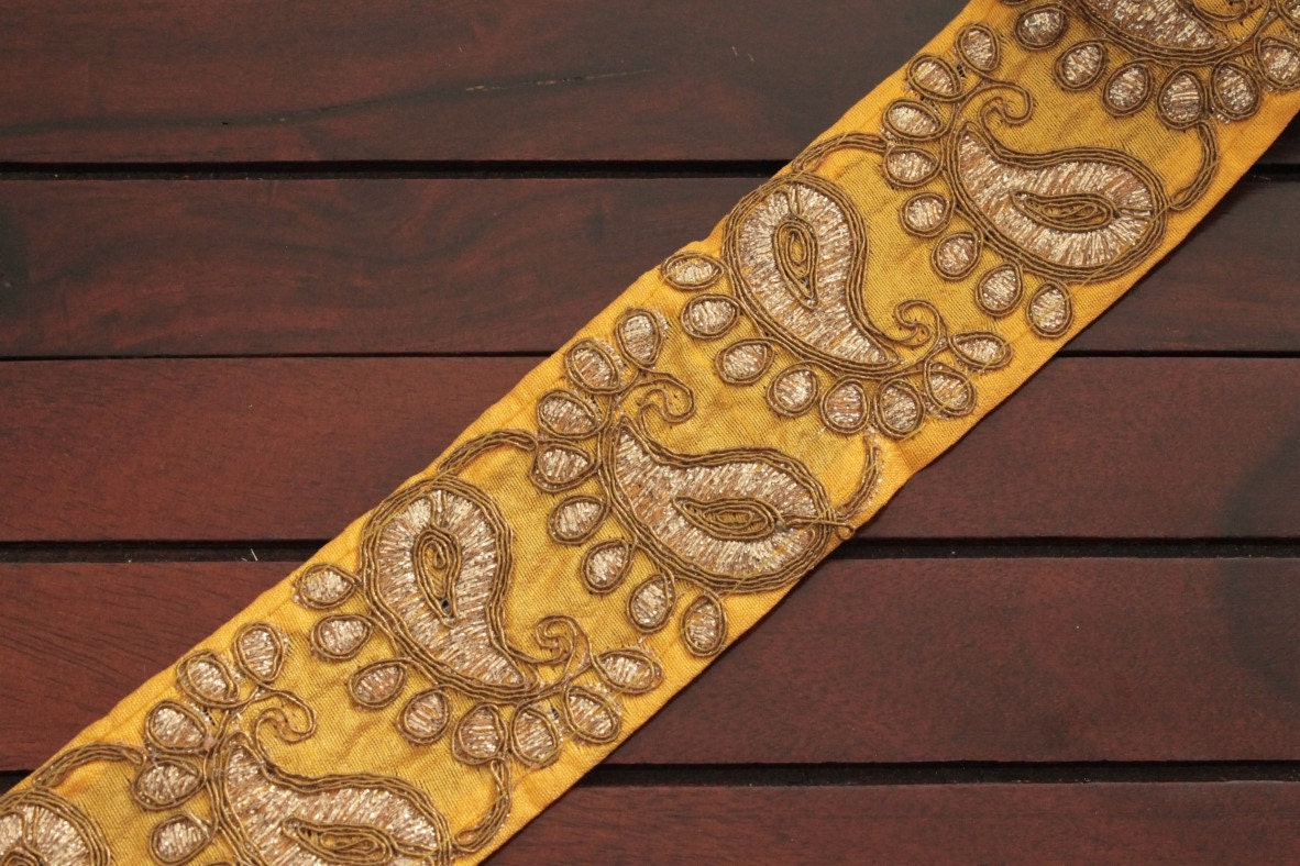 1 Yard Yellow Silk Fabric TrimEmbroidered TrimSari Border
