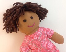 JULIA--cloth doll in pink paisley dress--brown skin, dark brown - il_214x170.759528176_28dj