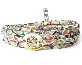 Confirmation gift for girls, Liberty fabric bracelet in earth colours with bird in a tree link, meaningful gift for best friend
