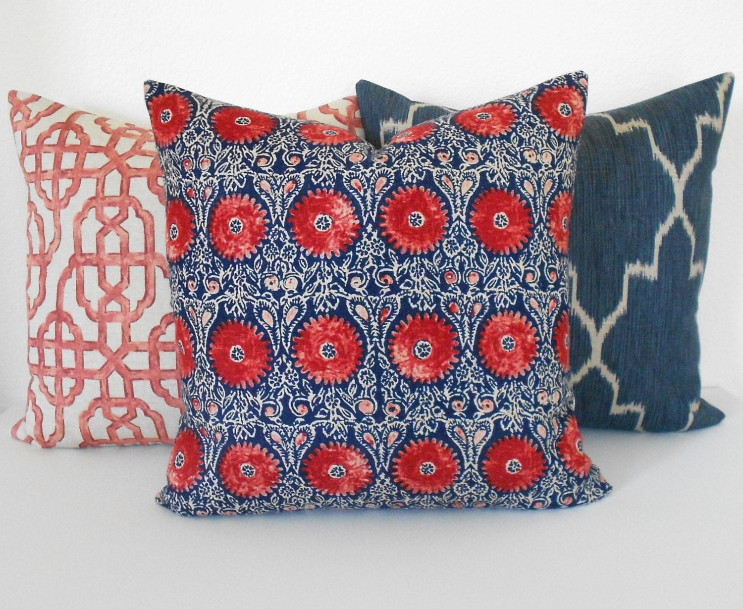 Navy and red medallion floral decorative throw pillow cover