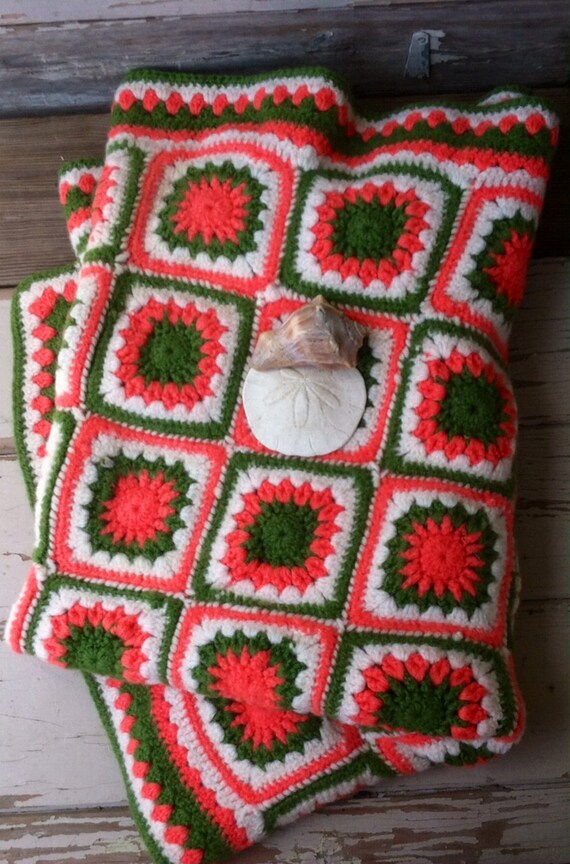 Retro Coral Dark Olive Green Crocheted Afghan or Lap Robe by