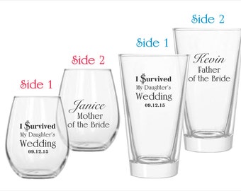 I Survived my Daughters Wedding - Personalized Wine and Pilsner Gift Set for Brides Parents or Grooms Parents