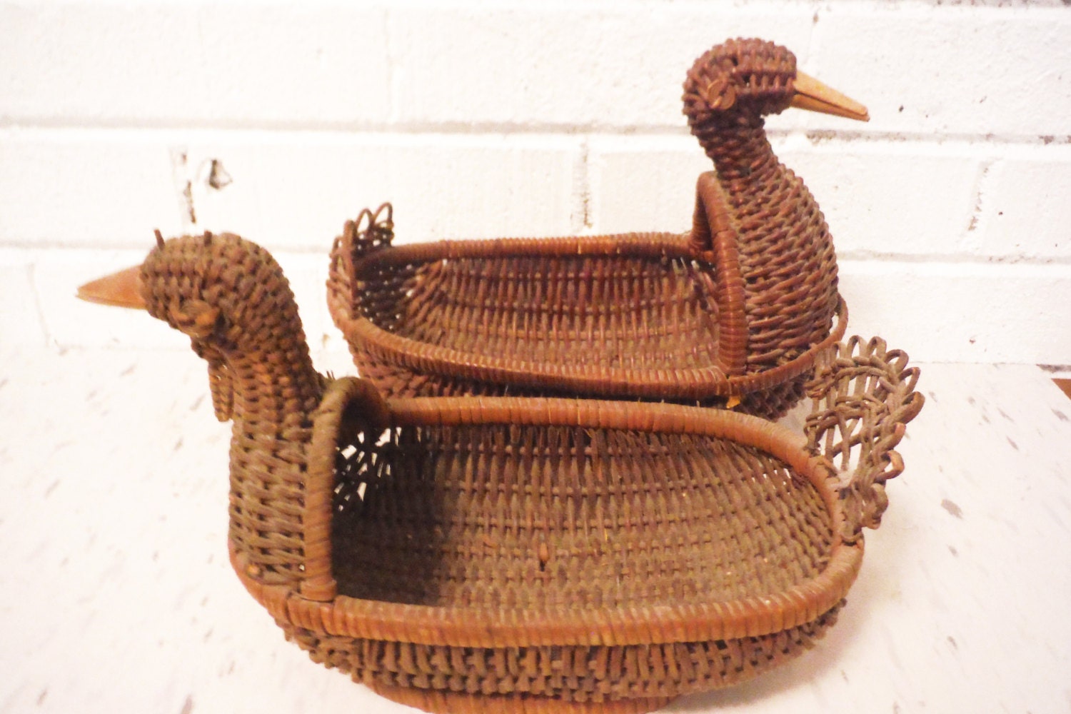 Pair of bird baskets wicker rattan woven vintage rustic primitive