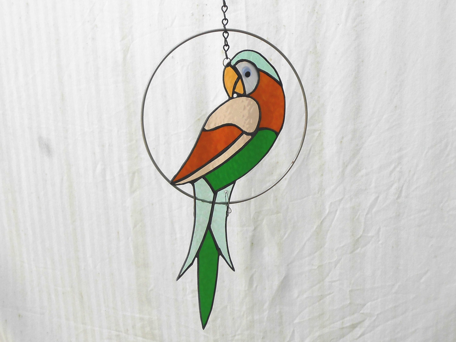 The Perfect Pet Stained Glass Parrot in a Ring Suncatcher