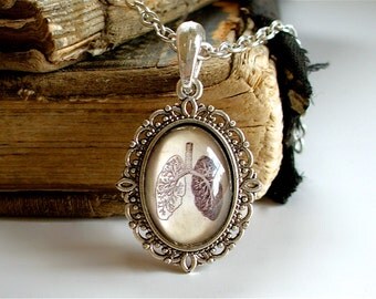 Anatomical Lungs Necklace - Little Antique Anatomy Print Necklace in Silver