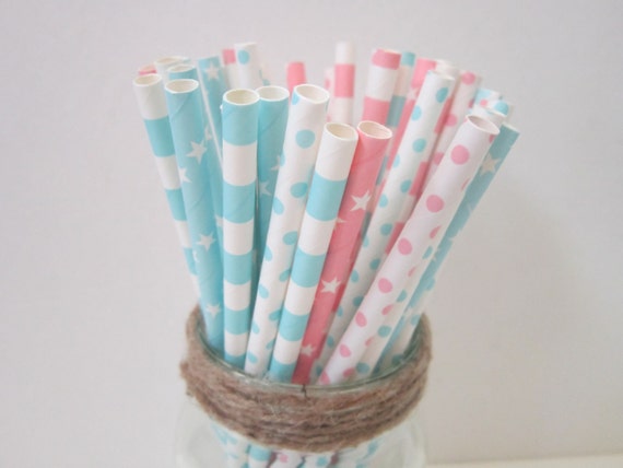 Light Pink Light Blue Paper Straws ~ Gender Reveal ~ Baby Shower Il_570xn
