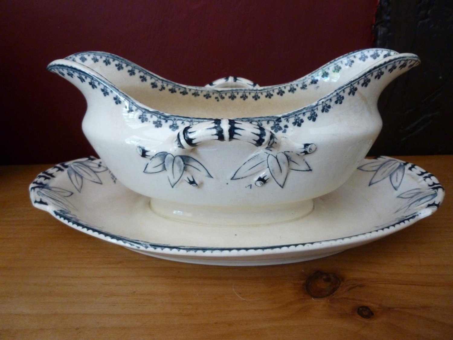Saucier, Sauce Boat, French Faience, Sarreguemenes, Blue and White