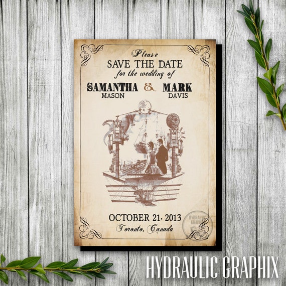 Steampunk Printable Save the Date, Steampunk Invitation for Wedding Magnet, Industrial Wedding Theme, Travel Steampunk Wedding Save the Date Il_570xn