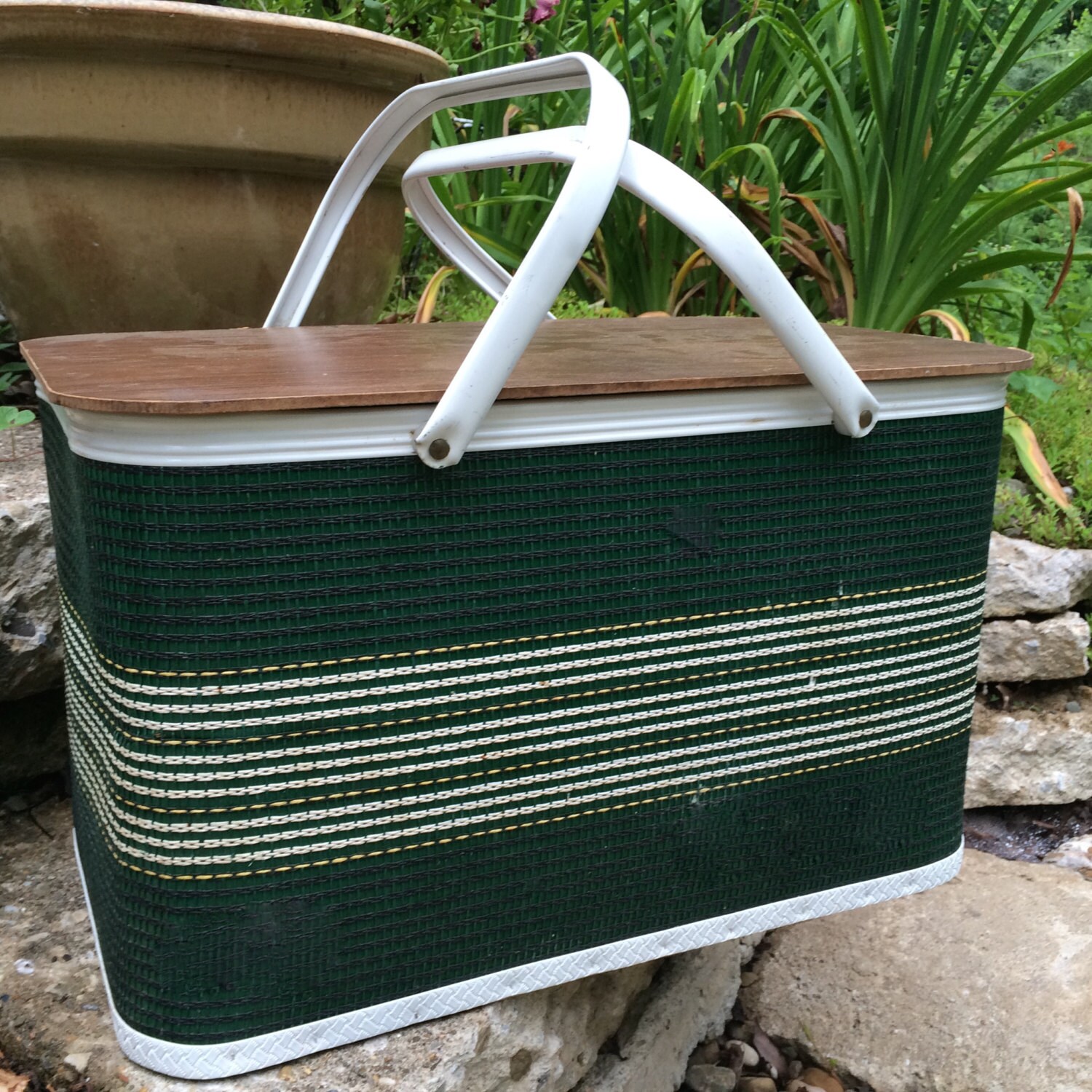 Redmon Picnic Basket Vintage Green with Stripes with Metal Handles is