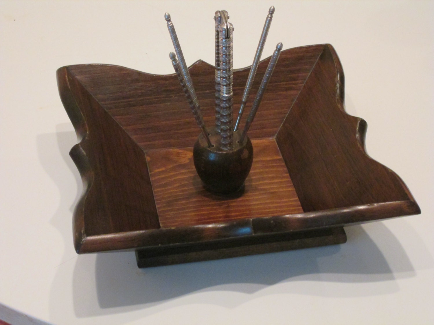 Vintage Wooden Nut Bowl with Nut Cracker and 4 Metal Picks