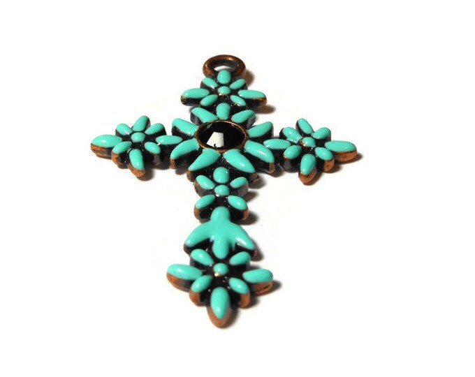 FREE SHIPPING Green cross pendant, mint green enamel flowers on copper base with black rhinestone center, floral cross