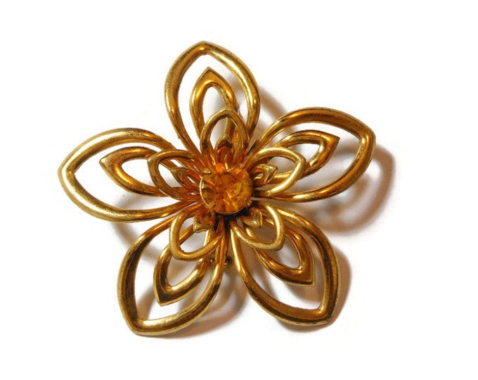 FREE SHIPPING 1940s Coro brooch, gold open work petals on this floral brooch with amber rhinestone faceted center, statement piece