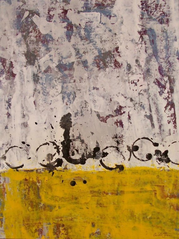 Original abstract modern painting yellow black and white