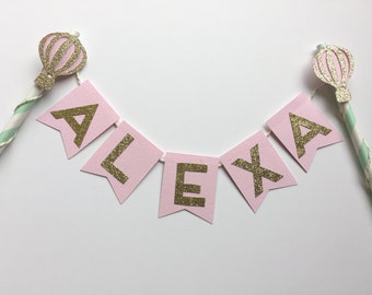 Hot Air Balloon Cake Topper in Mint, Pink, Gold Glitter. Smash Cake. 1st Birthday Photo Prop. Personalized Cake Bunting Banner.