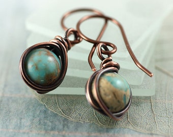 Copper Earrings With Crazy Lace Jasper - Antiqued Wire Wrap