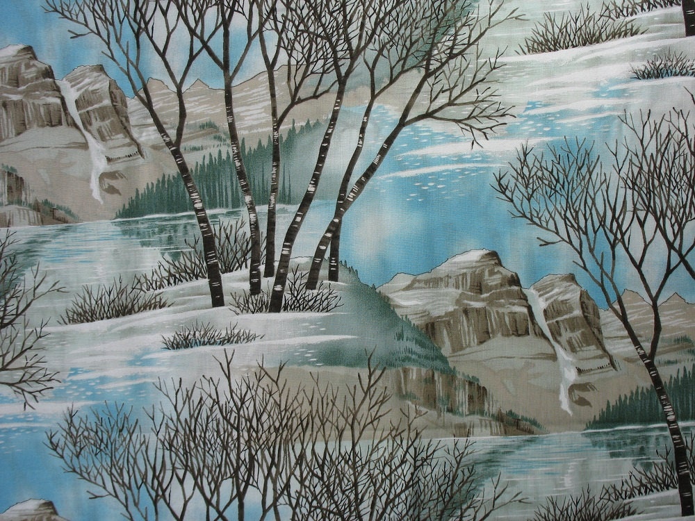 Cotton Quilting Fabric Winter Scene Mountain Scene Tree Fabric