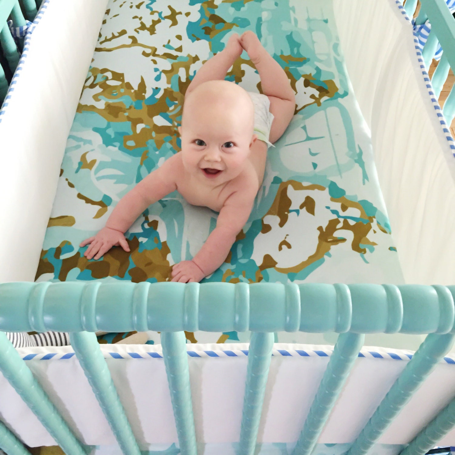 Crib Sheet Aqua Map. Fitted Crib Sheet. Baby Bedding. Crib