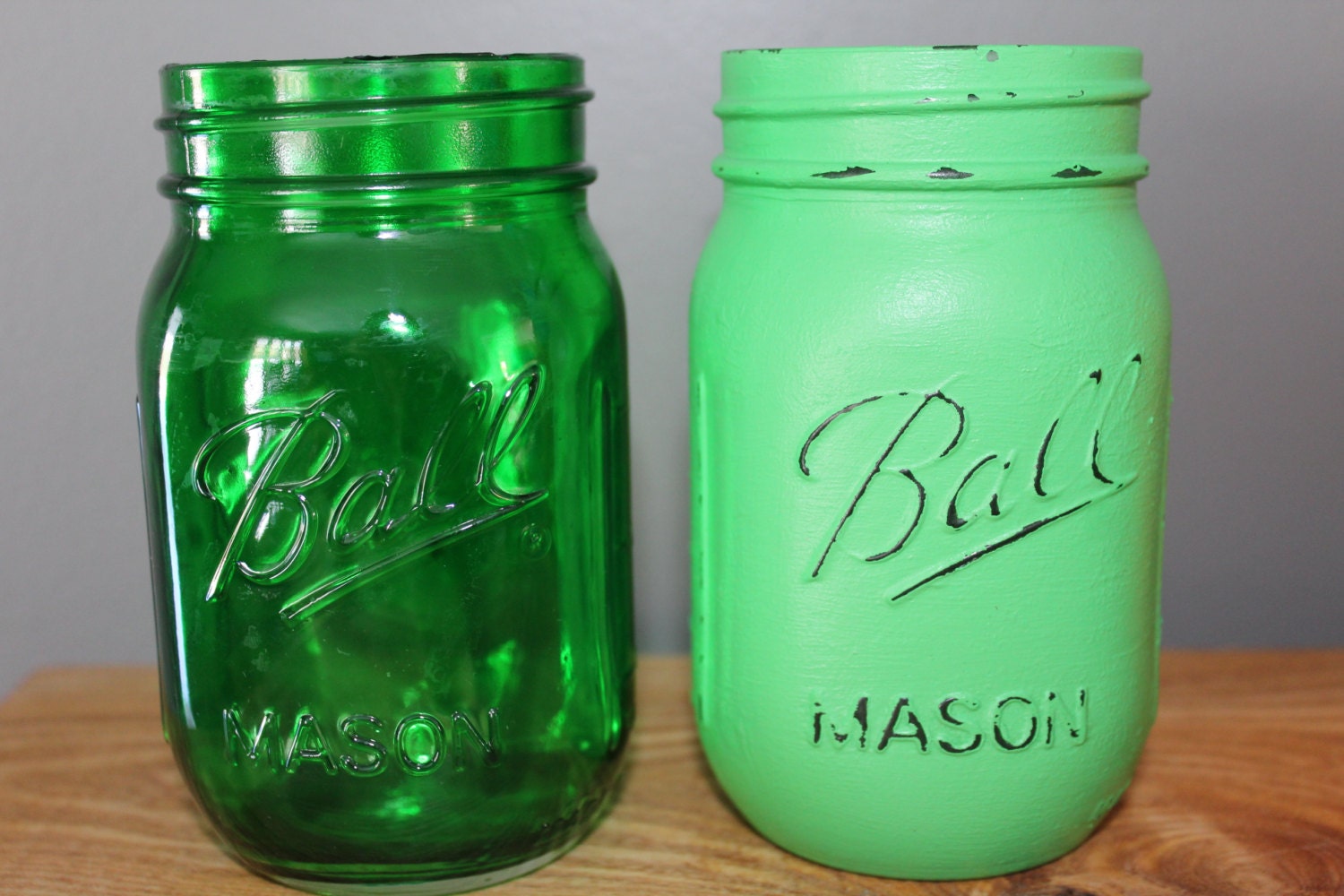 2 Green Ball Mason Jars One Tinted Green Jar by MissEvesMittens