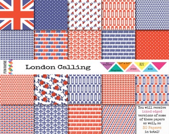 DIGITAL BRITISH PAPER 12x12 Pack • 30 x London Themed Red, White, Blue, Union Jack, Phone Box, Roses, Bus • Inked • jpeg • rgb • 300 dpi •