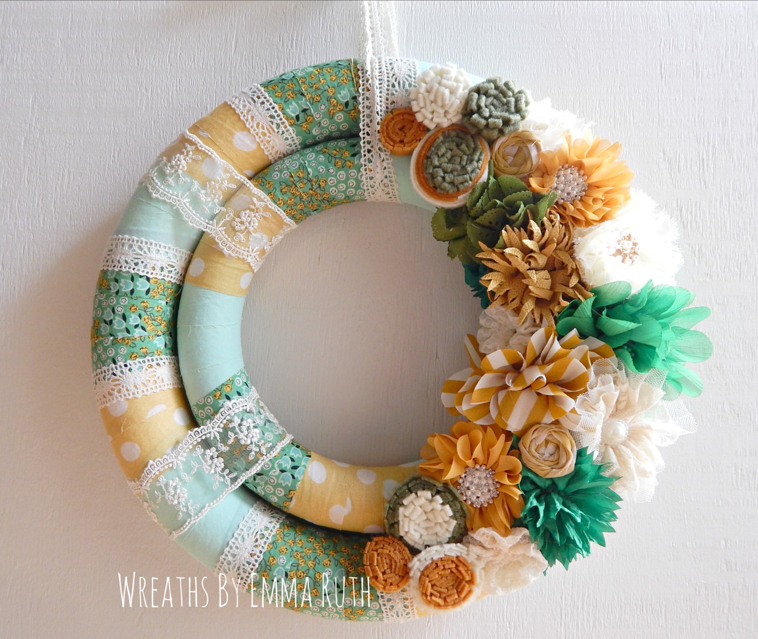Double wrapped fabric wreath with fabric and felt flowers