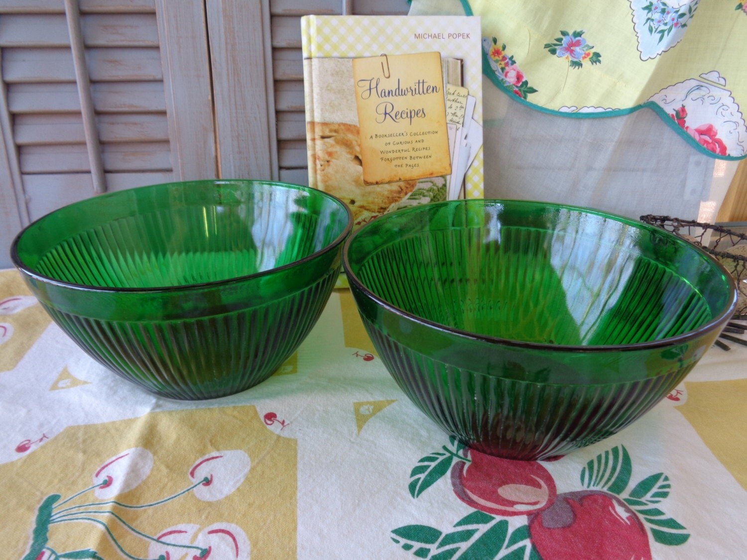 Vintage Forest Green Ribbed Bowls a pair Serving Large Storage Emerald