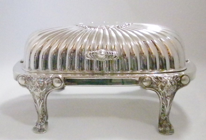 Vintage, Silver Plate Butter Dish with Retractable Hinged Lid, F.B
