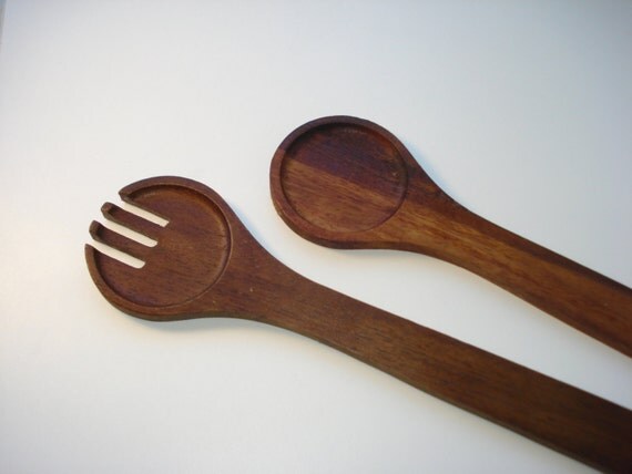 utensils measurements with Round    Carved Salad Utensils Retro serving Wood and  Serving Fork Vintage