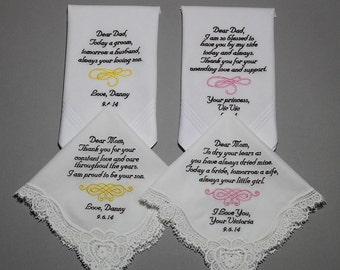 4pcs Wedding Handkerchiefs Personalized Embroidered to Mother of Bride, Father of Bride & Mother of Groom, Father of Groom Custom