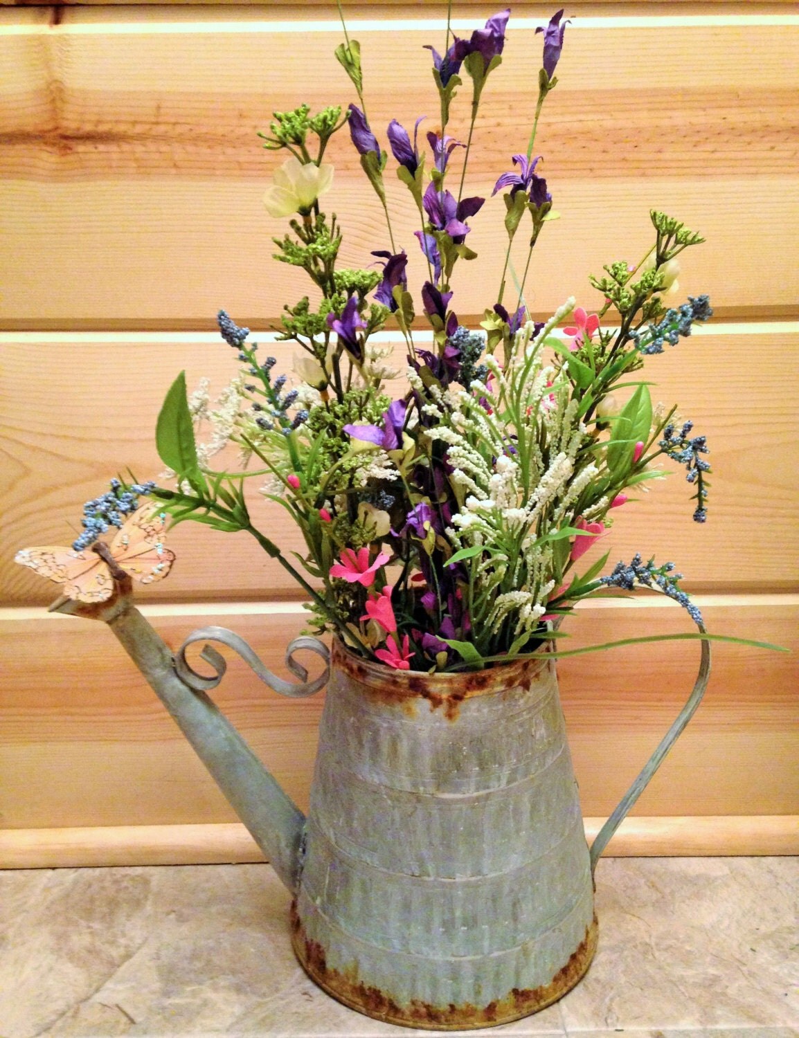 Silk Flower Arrangement Watering Can Metal by RareRusticRelics