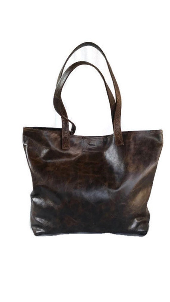 Wash brown leather tote bag / large distressed shopper by Fgalaze