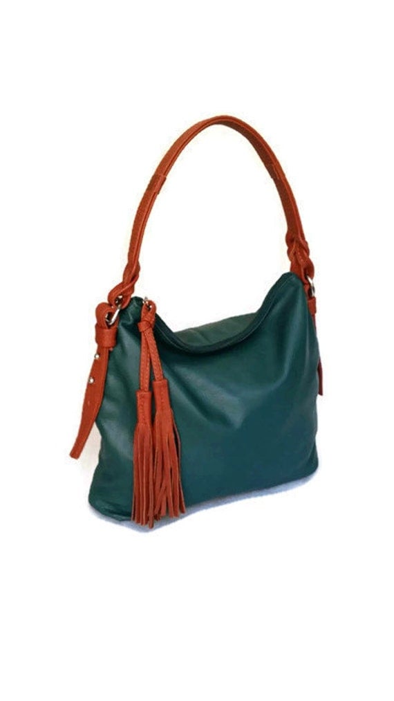 Hunter green leather bag / braided fringe purse / bohemian shoulder