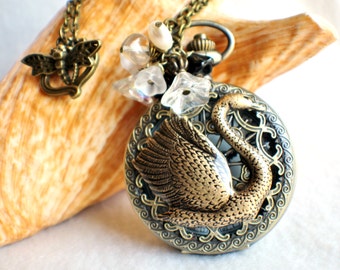 Swan pocket watch pendant, pocket watch with swan mounted on front cover.